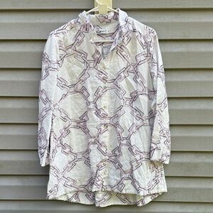 ilinen | 100% Linen Chainlink Purple White Button Down Blouse Top size Large